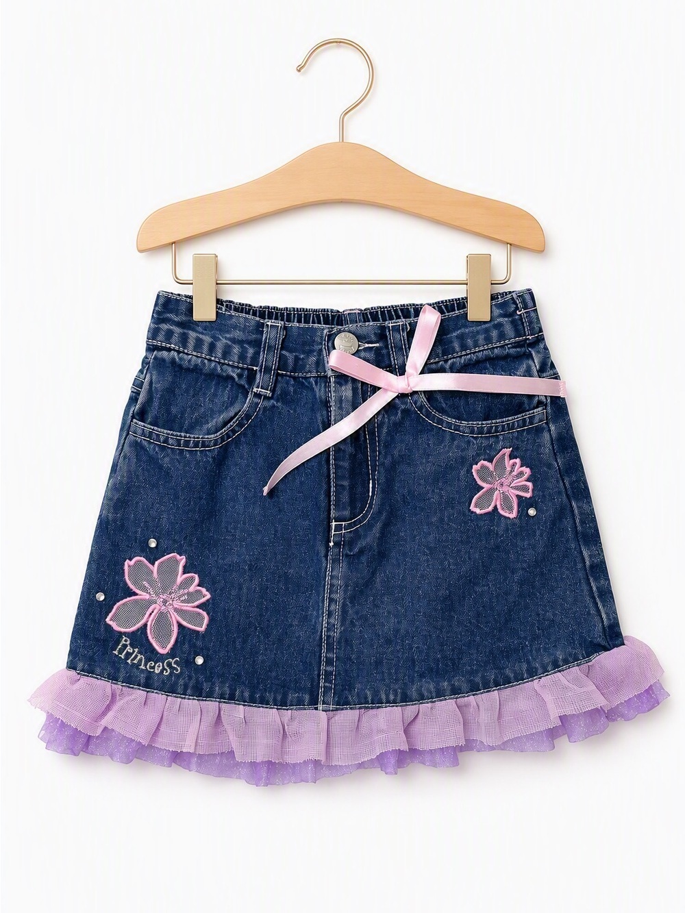 Vintage Y2K Official Disney Princess Pink Ribbon Embroidered Tulle Denim Skirt 5